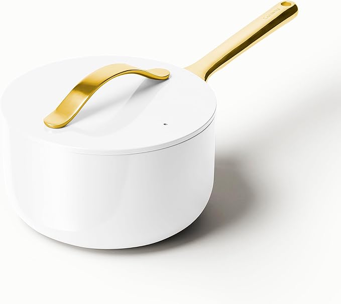 Caraway Cream Non-Stick Ceramic Sauce Pan and Lid with Gold Hardware